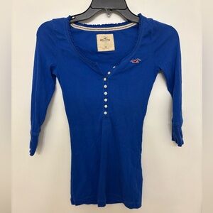 Vintage Y2K Hollister long sleeve Henley top royal blue fitted baby tee size XL